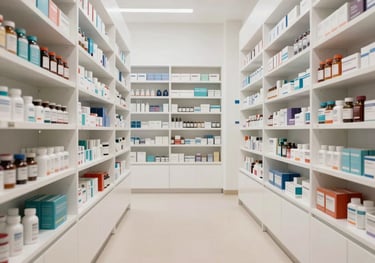 Modern pharmacy interior design with clean white shelves, soft beige flooring, and elegant minimalist layout, focusing on a clinical yet welcoming atmosphere.