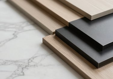 Close-up of a high-end material palette including white marble, light beige wood samples, and matte black metal finishes for an interior design project.