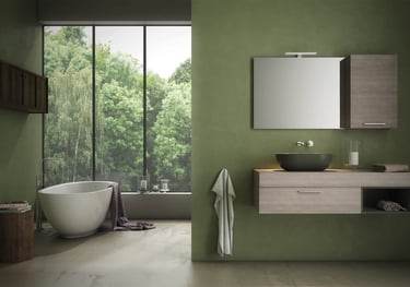 Modern green bathroom featuring a floating wood vanity, vessel sink, and freestanding bathtub by a window.