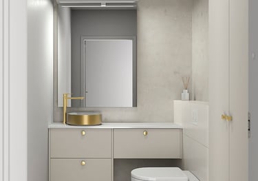 Modern minimalist bathroom featuring a gold vessel sink, floating vanity, and wall-hung toilet.