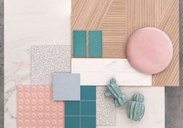 Interior design mood board with pastel pink and teal tiles, marble slabs, and textured wood panels.