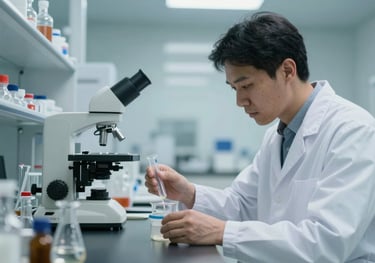 A scientist in a white lab coat meticulously preparing a formulation in a modern, clean laboratory. Glassware, professional equipment, light blue and teal tones.
