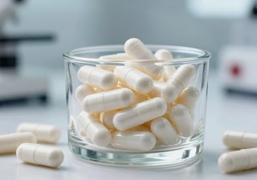 High-quality white capsules and vitamins in a clear glass container. Bright, clinical lighting in a modern pharmaceutical facility setting.