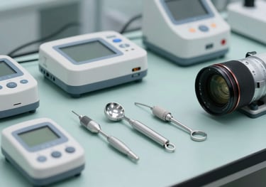 Modern medical devices and diagnostic tools laid out on a clean, light teal surface. Sharp detail, professional laboratory setting in a Northern European facility.