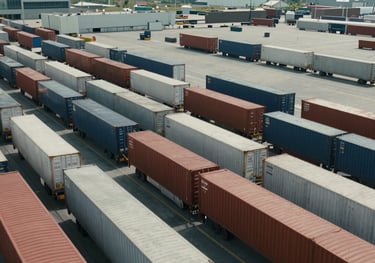 A large-scale logistics hub with moving freight in a clean, modern Northern European port. Cool lighting, focused on efficiency and professional scale.