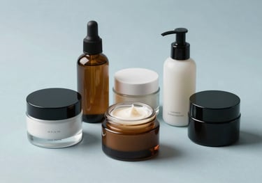 A minimalist arrangement of premium skincare and cosmetic containers on a clean light blue surface. Professional studio photography with soft shadows and sharp focus.