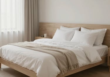 A cozy and well-organized bedroom for professionals, featuring high-quality bedding and a clean, modern aesthetic in neutral tones.