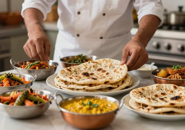 A table set with delicious, fresh, home-cooked Indian meals including rotis, dal, and vegetables, emphasizing the homely atmosphere and kitchen staff service.
