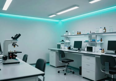 Interior of a modern Southeast Asian / Indonesian tech laboratory with minimalist white furniture and vibrant cyan neon light strips along the walls.