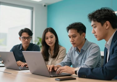 A professional team of Southeast Asian / Indonesian tech experts collaborating around a laptop in a bright, minimalist office space with vibrant cyan interior details.