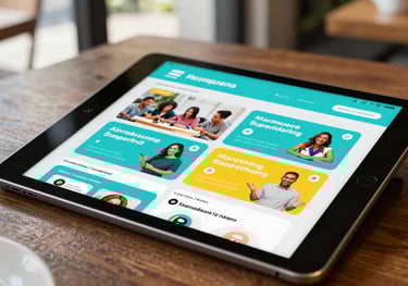 Close-up of a high-tech tablet showing a colorful marketing campaign plan in a modern Southeast Asian / Indonesian cafe setting, bright daylight, vibrant cyan accents.