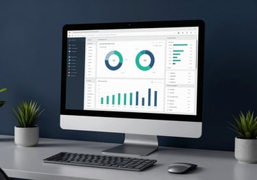 A sleek, professional photography of a modern computer setup displaying an analytics dashboard in a dark navy blue room, featuring minimalist Indonesian office decor.