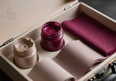 An open craft box containing jars of paint, stencils, and fabric samples in elegant taupe and sophisticated magenta tones.