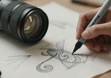 Close-up of a designer sketching patterns on a light-colored fabric with professional marker tools in soft graphite.