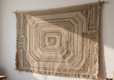 A modern atelier setting with a finished textile tapestry hanging on a warm white wall, showcasing intricate textures.