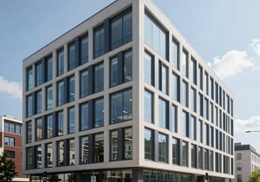 An exterior view of a completed modern CLT office building with large glass windows and clean architectural lines. The building is situated in a professional European city environment under clear, bright daylight.