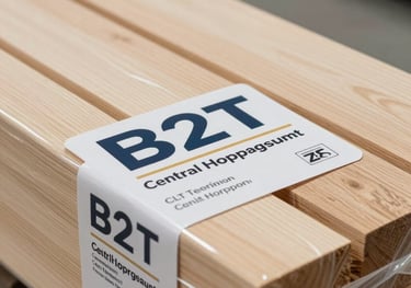 A close-up photo of a professional CLT house kit package, securely wrapped and labeled for export in a clean Central European shipping facility. The wood is light and high-quality, reflecting a professional B2B service.