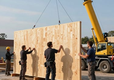 A photograph showing the logistics of CLT construction. A professional crew in a Central European site is coordinating the placement of a large, pre-fabricated timber wall panel using a crane under a bright afternoon sun.