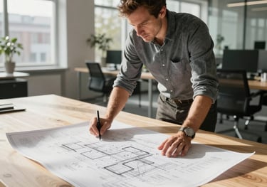 A professional architect in a modern, sunlit Central European office space, reviewing technical blueprints spread out over a large, smooth CLT work surface. The scene conveys trust, expertise, and innovative design.