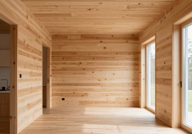 A bright and minimalist interior of a Central European home, showcasing natural CLT walls and ceilings. The space is filled with soft, natural light, highlighting the high-quality finish and sustainable aesthetics of timber construction.