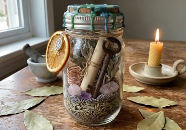 dried herbs in a jar with candles