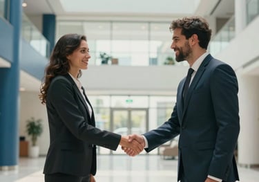 A wide shot of two international professionals shaking hands in a bright, modern lobby with steel blue and off-white accents, symbolizing trust and partnership.