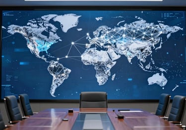 A high-resolution photograph of a futuristic boardroom with a large screen showing a global map of interconnected nodes in steel blue tones.