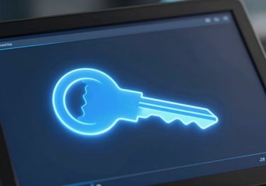 A detailed shot of a glowing blue cryptographic key icon displayed on a professional workstation, emphasizing security and innovation.