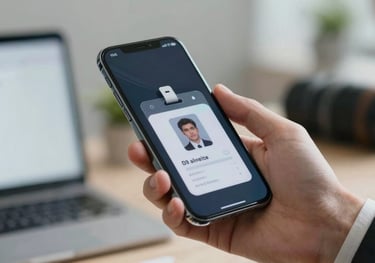 A close-up photograph of a professional hand holding a sleek smartphone displaying a secure, holographic digital badge against a blurred office background.