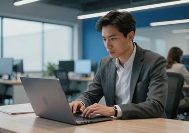 A modern, wide-angle shot of an international professional using a high-end laptop in a bright, steel blue themed tech hub, looking focused and innovative.