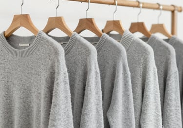 A row of high-quality knit sweaters in light gray #CBD5E0 hanging on professional wooden racks in a bright studio.