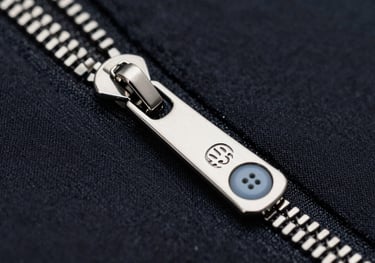 Close-up of high-quality metal zippers and custom-engraved buttons in shades of #CBD5E0 on a dark fabric background.