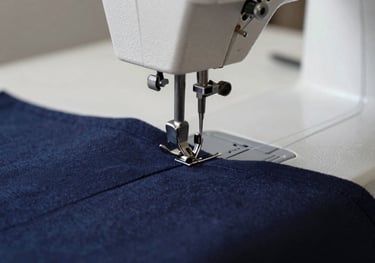 Detailed shot of a sewing machine needle stitching a dark navy #1A202C cotton fabric, showing extreme precision and industrial quality.