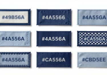 A collection of premium woven brand labels and decorative trims in a sophisticated arrangement using #4A5568 and #CBD5E0 colors.