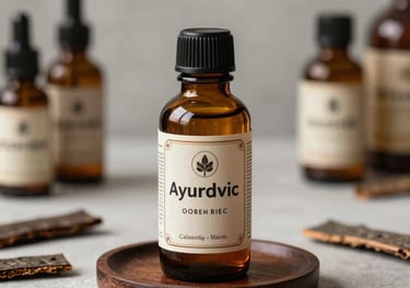 Traditional photography of an amber glass bottle of Ayurvedic tonic sitting on a dark wood coaster, surrounded by scattered bark of the Arjuna tree, soft focus South Asian / Indian apothecary background.