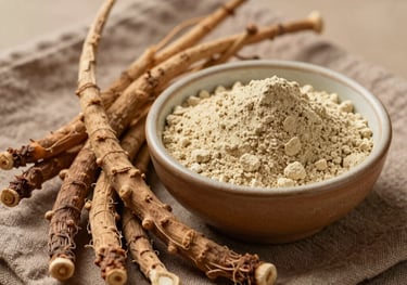 Macro photography of raw Ashwagandha roots and a ceramic bowl of fine beige powder on an earthy brown linen cloth, South Asian / Indian domestic wellness setting, bright natural morning light.