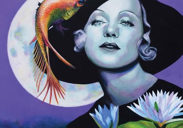 Piscean Moon, ethereal painting of a beautiful 1920s model against a silvery moon and leaping Koi Carp on purple background. 