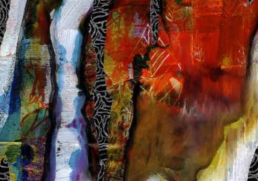 Raw Hide, abstract mixed-media artwork with contrasting warm orange, brown and cool white vertical forms.