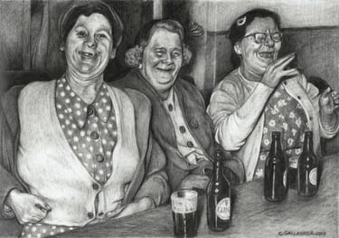 Ladies' Night, drawing of 3 ladies, laughing in a pub with bottles of beer on a table