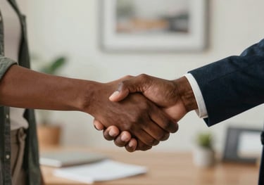 A focused shot of an African American couple's hands shaking hands with a professional, symbolizing the successful closing of a home purchase in a North American setting.