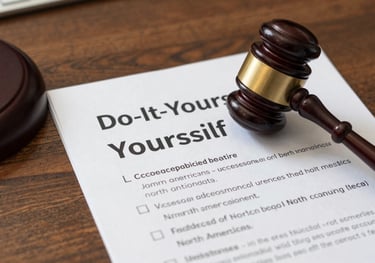 A close-up of a gavel on a wooden desk next to a 'Do-It-Yourself' workbook, representing accessible legal justice in a North American context.