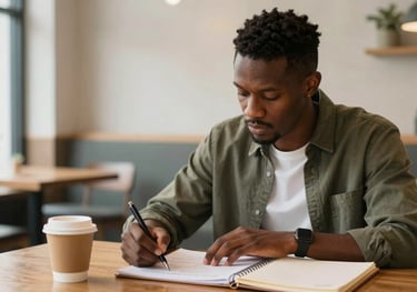 An African American entrepreneur in a bright North American cafe, working on a business plan with a coffee and a notebook, looking determined.