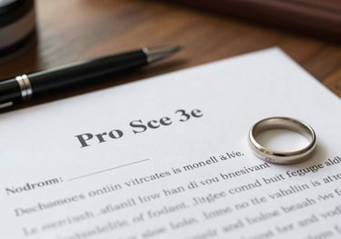 A soft-focus image of a family law document with 'Pro Se' highlighted, alongside a pen and a simple wedding band on a table in a North American home.