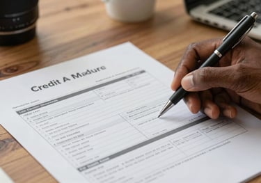 A detailed shot of a credit report and a pen on a wooden desk, with an African American person's hand highlighting sections, in a North American home office.
