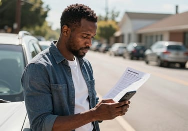 An African American man carefully reviewing a car history report on his phone while standing next to a used vehicle on a sunny North American street.