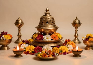 A beautifully decorated South Asian / Indian altar for a Satsang, featuring flowers, lamps, and a serene atmosphere with antique gold and warm cream hues.
