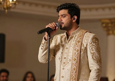 A lead singer in a stylish modern outfit performing with a microphone at a South Asian / Indian wedding reception. Dynamic lighting with antique gold tones.