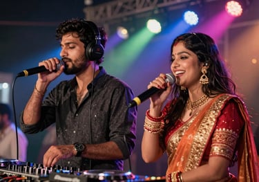 A DJ and singer duo performing 'Wedding Clubbing' music at a South Asian / Indian sangeet night with colorful stage lights and a vibrant atmosphere.