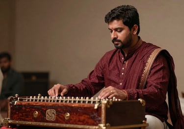 A professional setup of a singer with a harmonium during a traditional South Asian / Indian devotional session. Soft, warm lighting with deep maroon highlights.