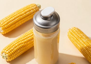 A top-down view of a glass shaker bottle filled with a golden-tinted protein drink, surrounded by raw corn ears on a soft cream background.